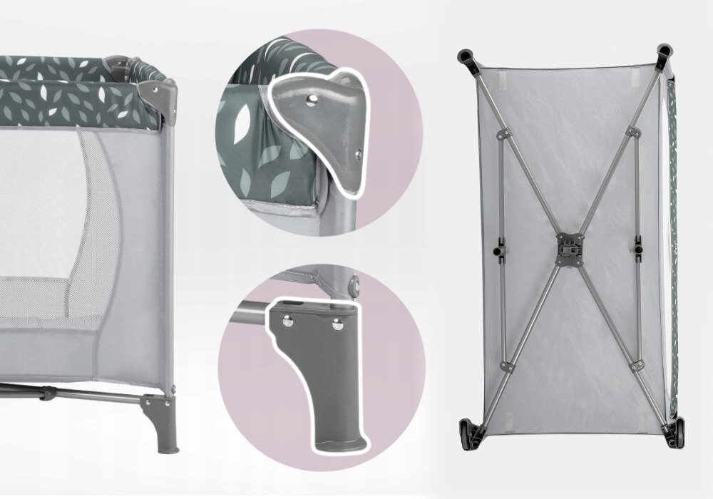 Łóżeczko turystyczne MOMI Belove Szary Odpowiednie zabezpieczenia blokadę przed niekontrolowanym złożeniem zaokrąglone nakładki na rogach z tworzywa sztucznego  certyfikującym SGS spełnia europejskie normy: EN 716-1, EN 716-2