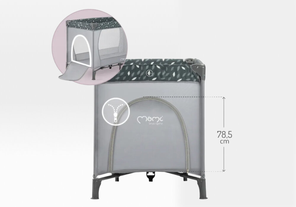 Łóżeczko turystyczne MOMI Belove Szary Przewiewne boki i wygodny dostęp z wytrzymałej, przewiewnej siateczki poczucie bezpieczeństwa zamykane na zamek wejście