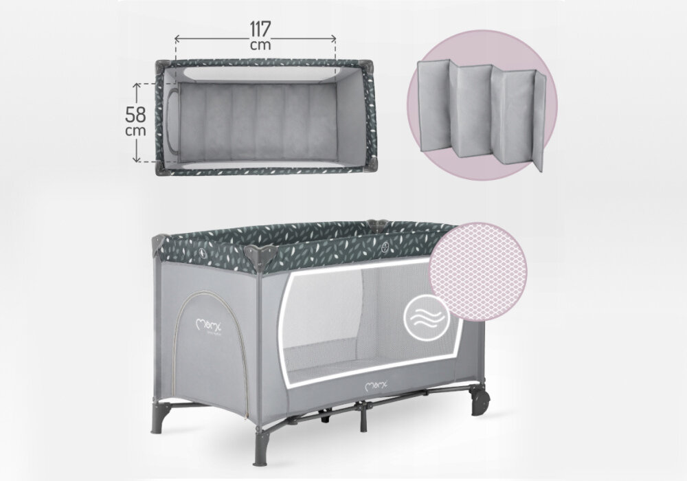 Łóżeczko turystyczne MOMI Belove Szary Komfortowe sen dziecka dopasowany rozmiarem materac Materac ma grubość 2 cm od pierwszego dnia życia do około 36 miesiąca waga 15 kg