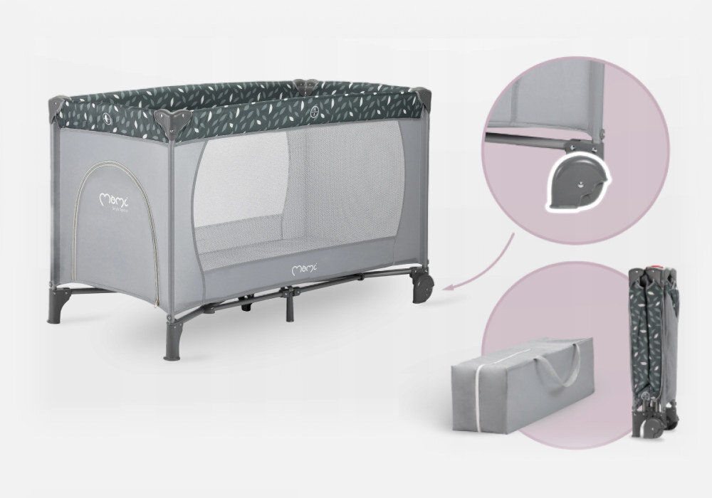 Łóżeczko turystyczne MOMI Belove Szary Wygodna mobilność torba dopasowana do kształtu łóżeczka łatwe i wygodne w transporcie dwa kółka