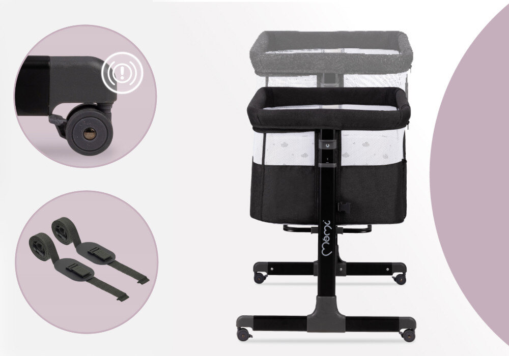 Łóżeczko MOMI Revo 2W1 Ciemnoszary Stabilizacja i regulacja wysokości  6 poziomów regulacji wysokości dopasowanie  Bok łóżeczka odpina się na zamek łatwy dostęp do dziecka Pas mocujący blokada kółek