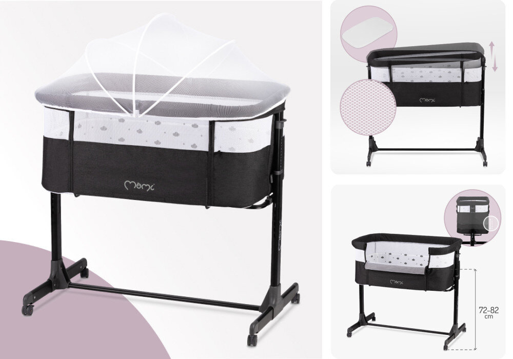 Łóżeczko MOMI Revo 2W1 Ciemnoszary Regulacja nachylenia funkcja regulacji spadu materac  bezpieczny i spokojny sen Miękkie wykończenie moskitiera zestaw