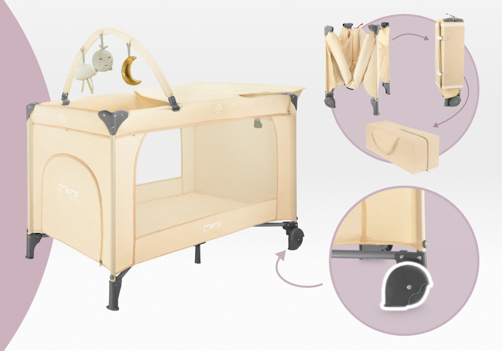 Łóżeczko turystyczne MOMI Belove Plus Beżowy Wygodne i mobilne 2 kółka ułatwienie Składana konstrukcja torba do przenoszenia sprawne pakowanie i przenoszenie odpoczynek miejsce