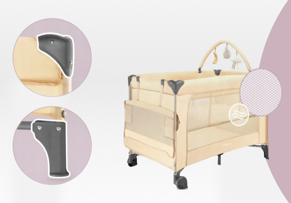 Łóżeczko turystyczne MOMI Belove Plus Beżowy Stabilność i przewiew  boki z przewiewnej siateczki System zabezpieczający przed niekontrolowanym złożeniem i narożniki z osłonami ymagania EN 716-1/2, EN 16890, EN 12227:2010 oraz EN 71-1/2/3