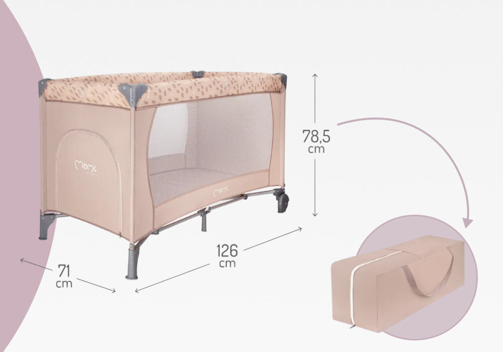 Łóżeczko turystyczne MOMI Belove Beżowy Podróż w rytmie malucha wygoda komfort Prosta w obsłudze składana konstrukcja drzemka spokojna rutyna