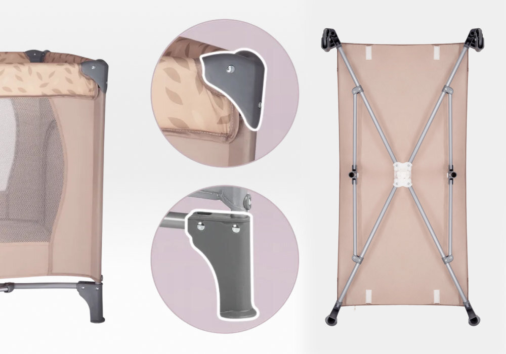 Łóżeczko turystyczne MOMI Belove Beżowy Odpowiednie zabezpieczenia blokadę przed niekontrolowanym złożeniem zaokrąglone nakładki na rogach z tworzywa sztucznego  certyfikującym SGS spełnia europejskie normy: EN 716-1, EN 716-2