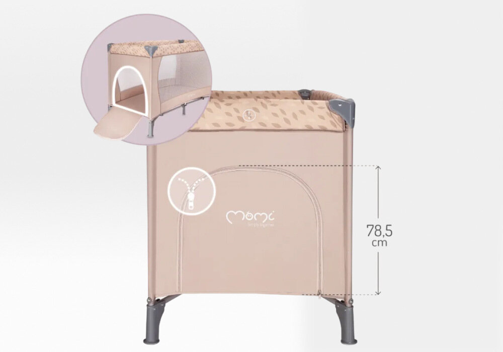 Łóżeczko turystyczne MOMI Belove Beżowy Przewiewne boki i wygodny dostęp z wytrzymałej, przewiewnej siateczki poczucie bezpieczeństwa zamykane na zamek wejście