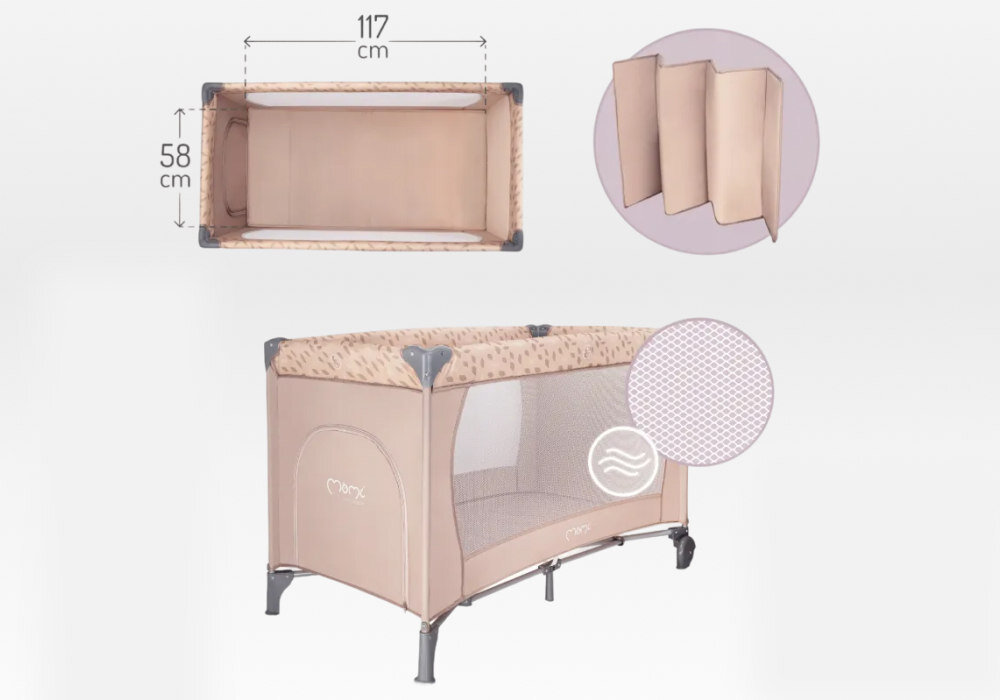 Łóżeczko turystyczne MOMI Belove Beżowy Komfortowe sen dziecka dopasowany rozmiarem materac Materac ma grubość 2 cm od pierwszego dnia życia do około 36 miesiąca waga 15 kg