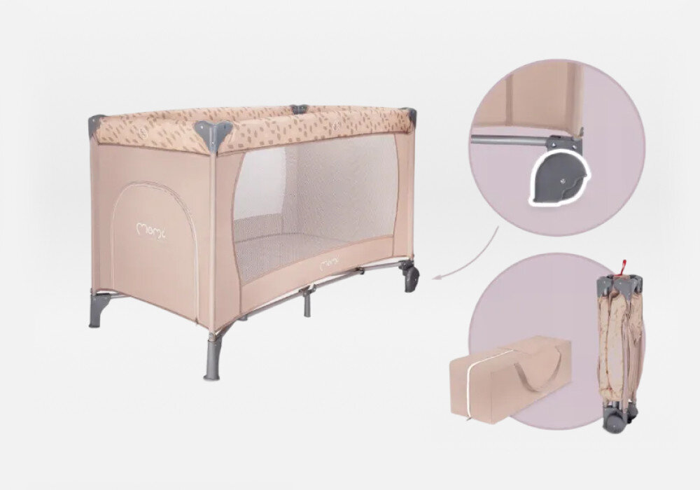 Łóżeczko turystyczne MOMI Belove Beżowy Wygodna mobilność torba dopasowana do kształtu łóżeczka łatwe i wygodne w transporcie dwa kółka