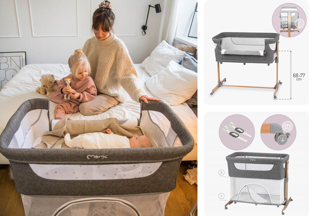 Łóżeczko MOMI Smart Bed 4W1 Szary 5 poziomów wysokości dopasowanie wysokość Bok odpina się na zamek Długie pasy mocujące i blokada kółek