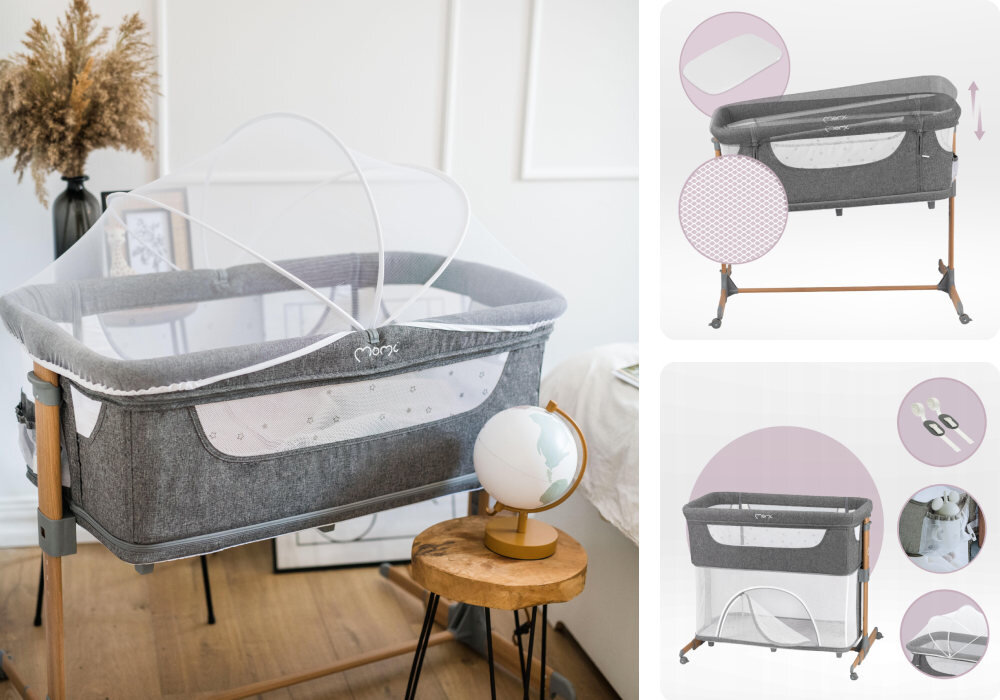 Łóżeczko MOMI Smart Bed 4W1 Szary Regulacja kąta i przewiewne boki powiększone okienko z przewiewnej siatki Możliwość dostosowania kąta materacyka doczepianą moskitierę kieszonkę do przechowywaniap