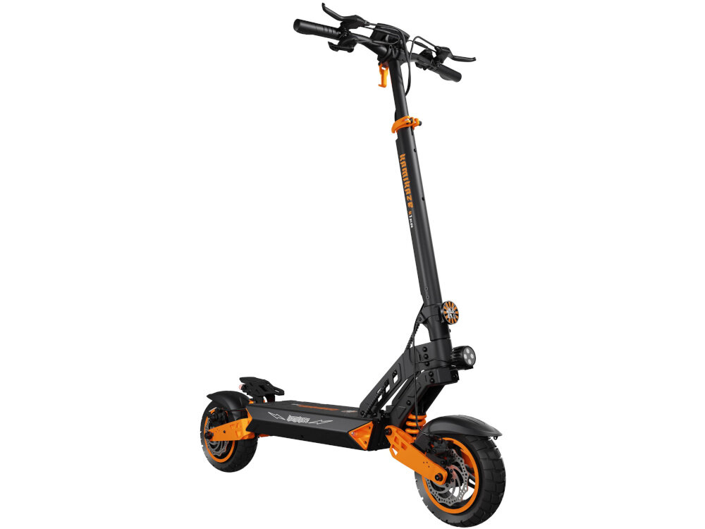 Hulajnoga elektryczna KAMIKAZE K1 Plus Plus 80km 1000W 10 cali Czarny hulajnoga na białym tle widoczna od przodu pod skosem do jazdy po mieście dynamiczne i ekscytujące podróżowanie szereg udogodnień i praktycznych rozwiązań kierunkowskazy składana konstrukcja styl moc wygoda