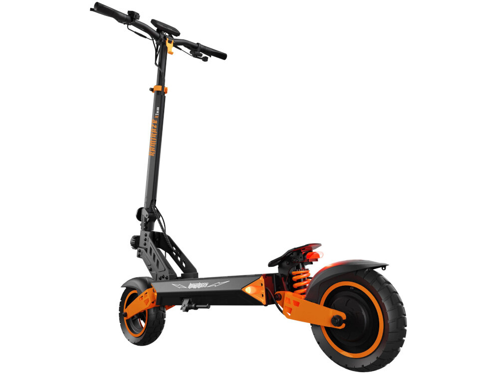 Hulajnoga elektryczna KAMIKAZE K1 Plus Plus 80km 1000W 10 cali Czarny hulajnoga na białym tle widoczna od tyłu pod skosem klasa wodoodporności IPX5 odporność na strumienie wody o niskim ciśnieniu