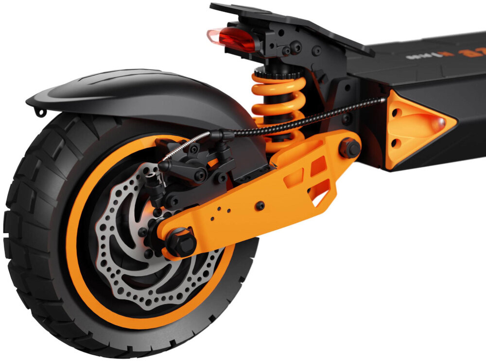 Hulajnoga elektryczna KAMIKAZE K1 Plus Plus 80km 1000W 10 cali Czarny zbliżenie na tylny hamulec przedni i tylny hamulec tarczowy mechaniczny wysoka skuteczność hamowania niezależnie od warunków jazdy duża siła działania pełna kontrola nad pojazdem prosta konstrukcja niemal bezawaryjne nie wymagają skomplikowanej konserwacji trwałość na różnych nawierzchniach