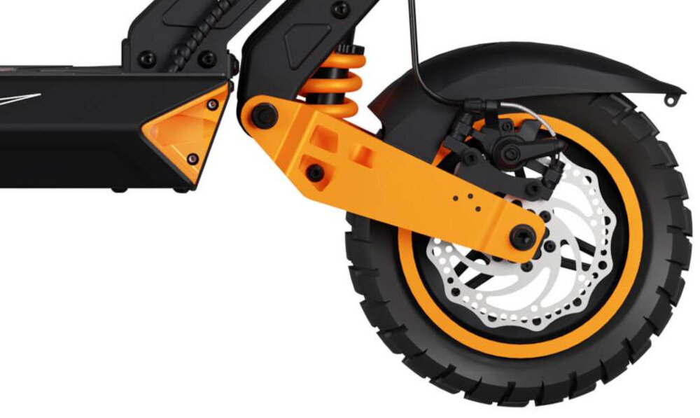 Hulajnoga elektryczna KAMIKAZE K1 Plus Plus 80km 1000W 10 cali Czarny zbliżenie na przednie koło 10-calowe opony bezdętkowe lepsza przyczepność i stabilność na różnych nawierzchniach konstrukcja bezdętkowa minimalizuje ryzyko przebicia gruby bieżnik