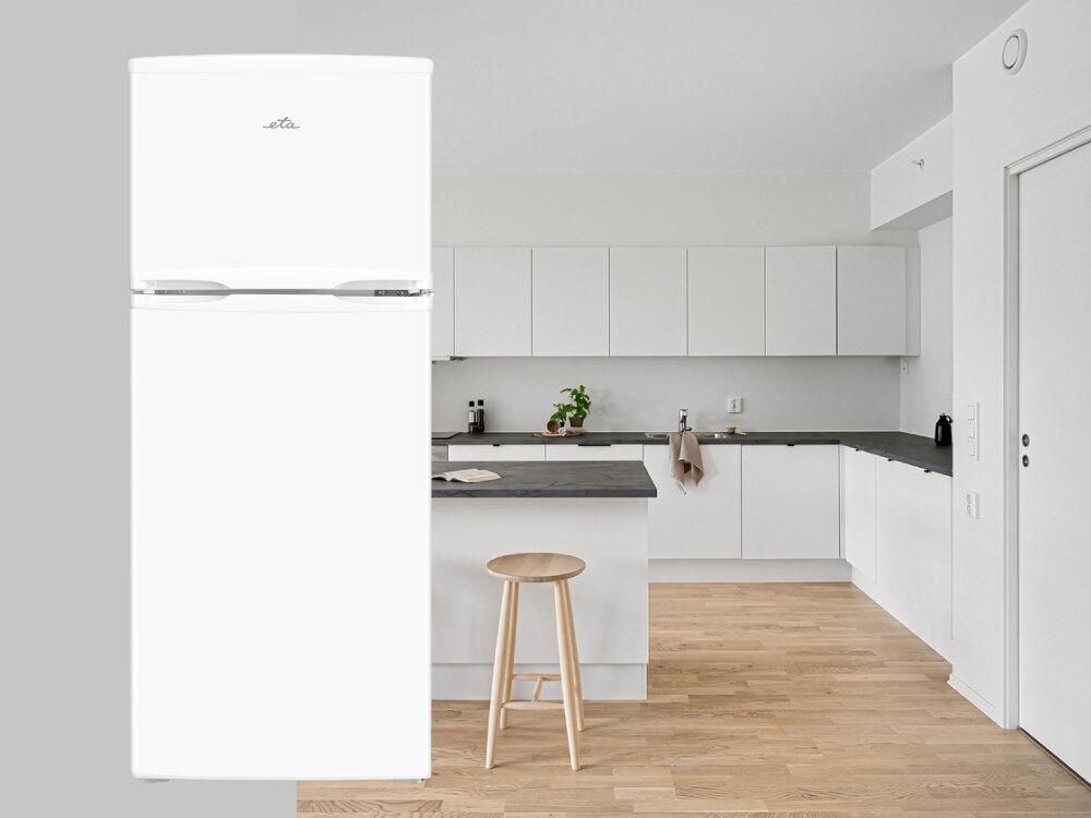 LODÓWKA ETA 174490000E dwudrzwiowy model kompaktowe wymiary 123x50x58 cm biała obudowa do małych kuchni do mieszkań do domków letniskowych łatwe dopasowanie do aranżacji uchwyty wpuszczane w drzwi minimalistyczny design wygodne użytkowanie