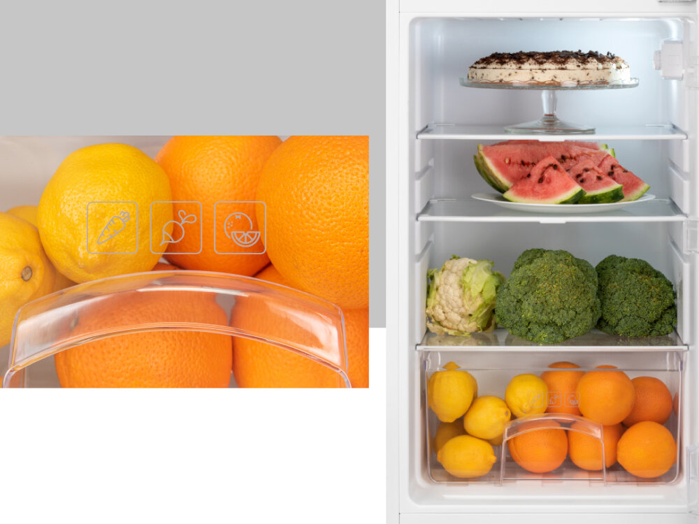 LODÓWKA ETA 174490000E pojemność całkowita 151 litrów pojemność chłodziarki 112 l pojemność zamrażarki 39 l półki ze szkła hartowanego transparentne szuflady przezroczyste półki w drzwiach wygodne ułożenie produktów praktyczny pojemnik na kostki lodu szybkie przygotowanie kostek lodu orzeźwiające napoje