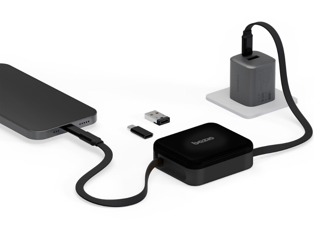 Kabel ENERGEA Bazic GoCharge Loop 5w1
                kabel podpięty do kontaktu i telefonu wysuwany kabel wymienne końcówki smartfony słuchawki powerbanki laptopy