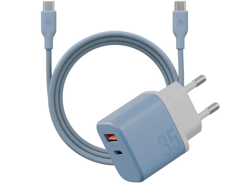 Ładowarka sieciowa BAZIC GoPort Velox 35W Niebieski + kabel USB-C - USB-C
                ładowarka z kablem na białym tle
