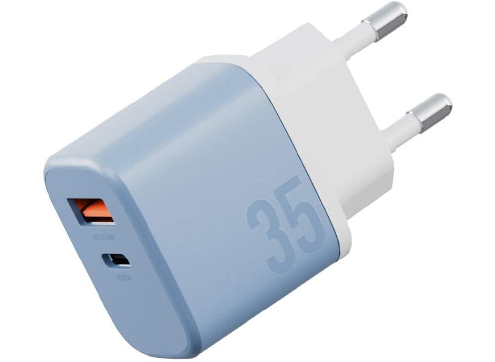 Ładowarka sieciowa BAZIC GoPort Velox 35W Niebieski + kabel USB-C - USB-C
                ładowarka na białym tle port USB-A funkcjonalność zasilanie dwóch urządzeń w tym samym czasie szeroka kompatybilność