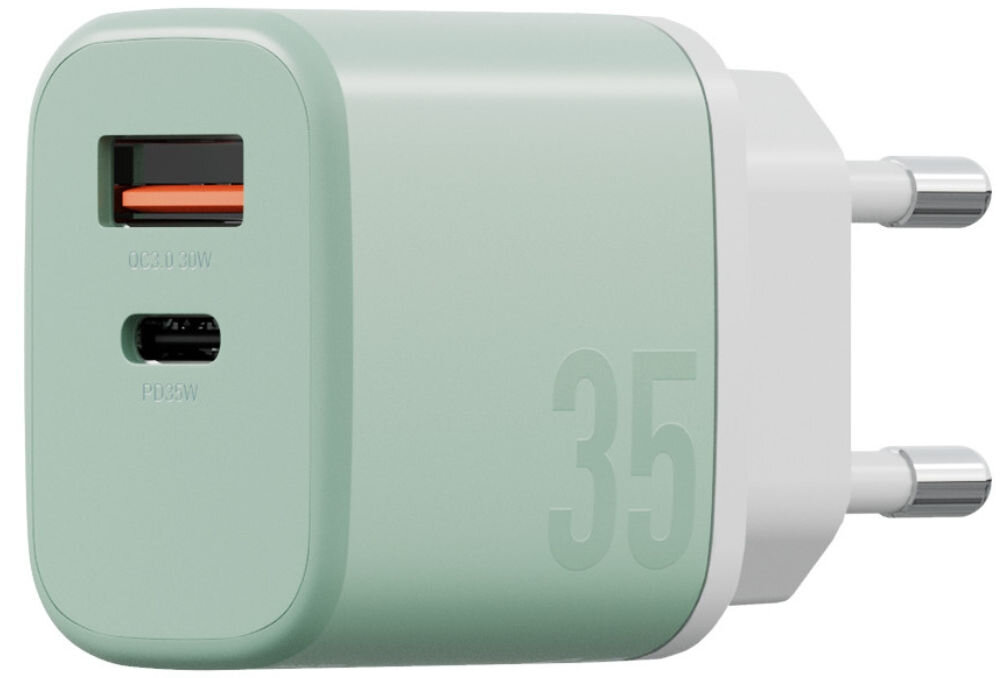 Ładowarka sieciowa BAZIC GoPort Velox 35W Zielony + kabel USB-C - USB-C
                ładowarka na białym tle ładowarka ścienna pleciony kabel usb-c obsługa szybkiego zasilania zasilanie smartfony tablety forma szeroki wybór kolorów