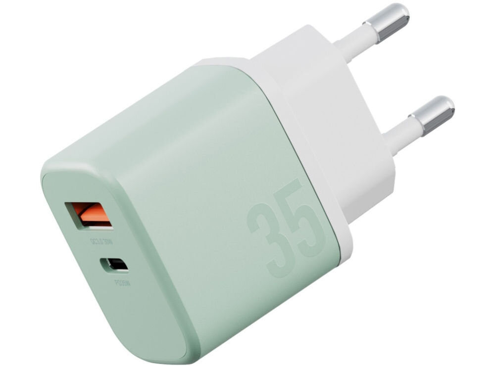 Ładowarka sieciowa BAZIC GoPort Velox 35W Zielony + kabel USB-C - USB-C
                ładowarka na białym tle port USB-A funkcjonalność zasilanie dwóch urządzeń w tym samym czasie szeroka kompatybilność