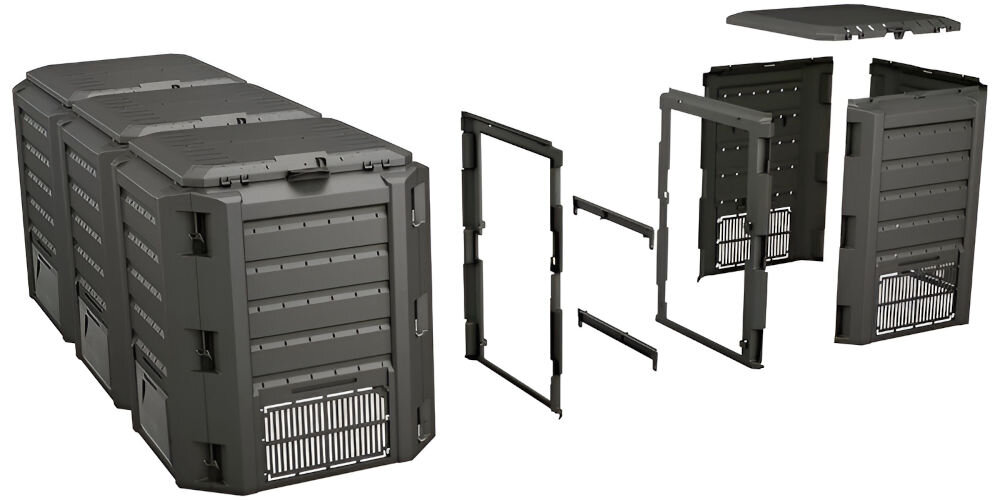 Kompostownik PROSPERPLAST MODULE COMPOGREEN IKSM-1200C 1200L Czarny wizualizacja składanych modułów poszczególne części
