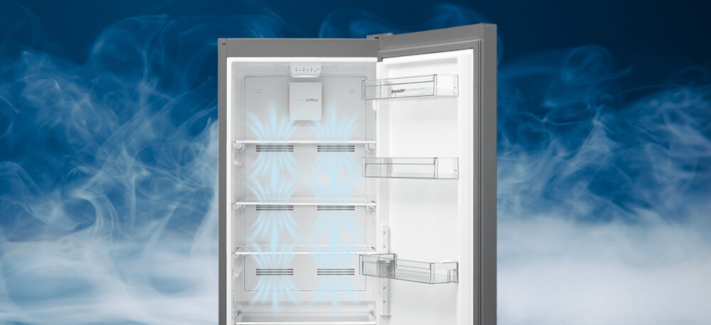 LODÓWKA SHARP SJ-FBA05DTXLE-EU Łagodna dystrybucja powietrza ochrona żywności przesuszenie przymrożenie