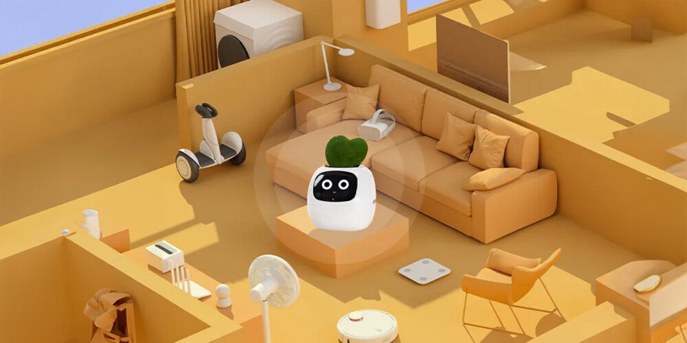 Doniczka inteligentna PLANTSIO IVY Wi-fi Biały doniczka na stole pośrodku pokoju monitoruje otoczenie 7 czujników monitorujących wilgotność gleby poziom wody temperaturę i natężenie światła wbudowany ekrn emotikony aplikacja IVY łatwa konfiguracja i kontrola