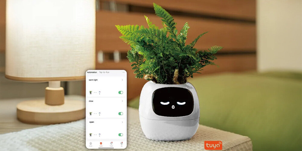 Doniczka inteligentna PLANTSIO IVY Wi-fi Biały doniczka na stole obok telefon z włączoną aplikacją aplikacja IVY spersonalizowane wskazówki przypomnienie o podlewaniu analiza stan rośliny monitoruje kluczowe dane środowiskowe dostosowuje zalecenia do konkretnej rośliny integruje się z systemem Tuya IoT zdalne monitorowanie i kontrolę roślin