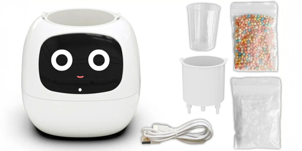 Doniczka inteligentna PLANTSIO IVY Wi-fi Biały zdjęcie zestawu w zestawie doniczka doniczka wewnętrzna kamienie granulki miarka kabel USB-A/USB-C dokumentacja