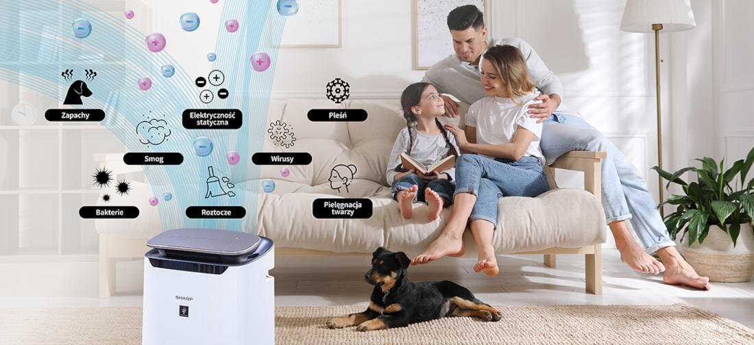 Oczyszczacz powietrza SHARP FP-J80EUW Wszechstronna ochrona neutralizuje smog, pyłki, kurz, bakterie, wirusy, lotne związki nieprzyjemne zapachy redukuje ładunki elektrostatyczne wspomaga kondycję skóry 