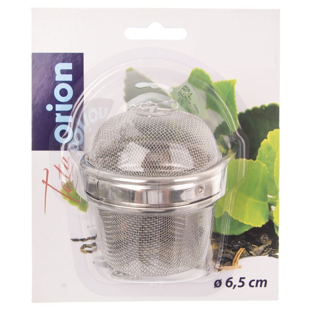 Stalowe sitko do zaparzania herbaty o średnicy 6,5 cm w opakowaniu z przezroczystego plastiku. Na opakowaniu widoczny jest napis \'orion\'.