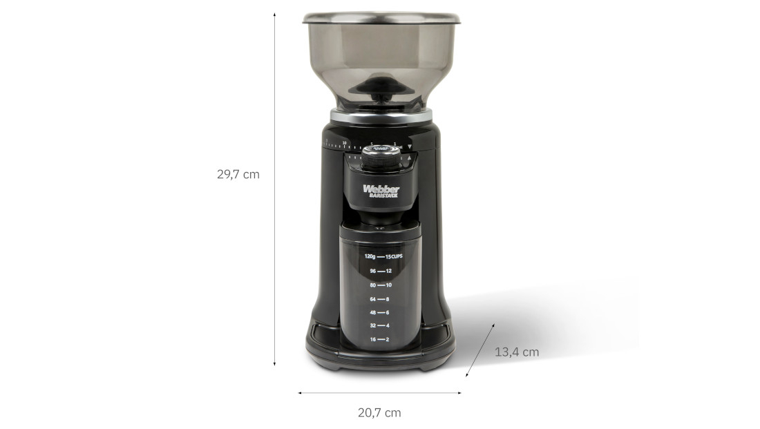 Młynek do kawy WEBBER CG6 Solidna obudowa CNC korpus wykonanie z anodowanego aluminium obrabianego techniką CNC Odporność na intensywne użytkowanie Estetyczne wykończenie wymiary