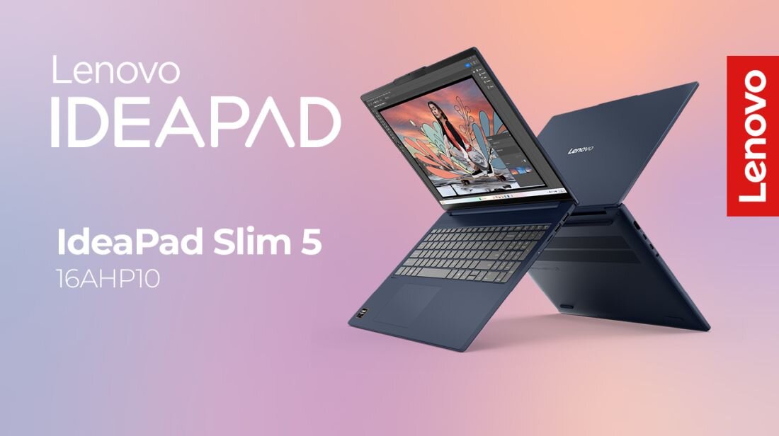 Lenovo IdeaPad Slim 5 10. generacji – laptop w obudowie, dwa laptopy prezentujące ekran z programem graficznym na pastelowym tle, logo Lenovo IdeaPad. 