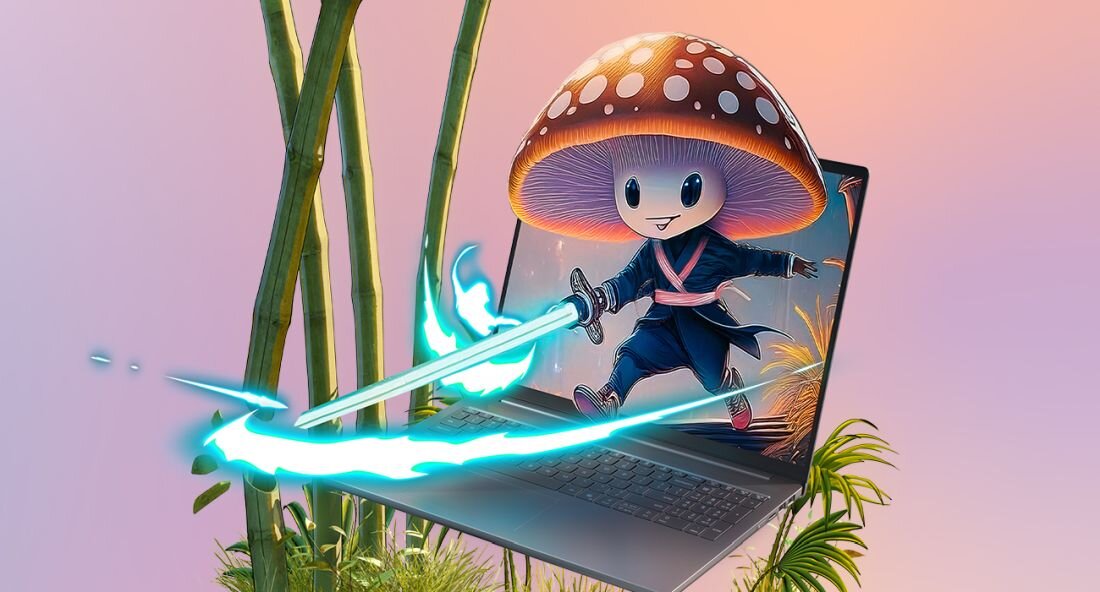 Laptop Lenovo IdeaPad Slim 5 z wyświetlaczem WUXGA, grafika 3D z postacią grzybka ninja wychodzącą z ekranu, dynamiczne efekty świetlne i motyw bambusa na pastelowym tle. - 16-calowy wyświetlacz WUXGA 