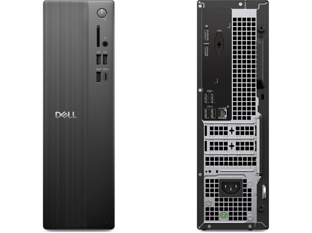 Komputer DELL Slim ECS1250 zestawienie dwóch zdjęć pokazujących przedni panel komputera z przyciskami i portami oraz tylny panel z licznymi gniazdami przyłączeniowymi i kratką wentylacyjną, łączność, karta LAN