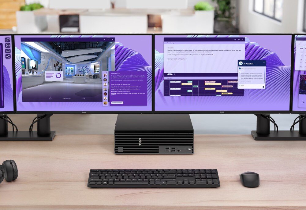 Komputer DELL Pro Slim Plus QBS1250 Stanowisko pracy z czterema monitorami ustawionymi w rzędzie, przed którymi leży poziomo czarna jednostka centralna komputera, klawiatura i mysz, układ graficzny, wyświetlacze, podłaczenie