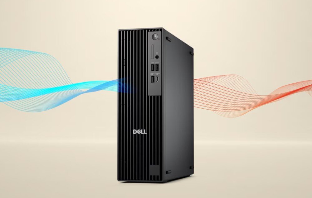 Komputer DELL Pro Slim Plus QBS1250 Komputer w czarnej obudowie z żebrowanym frontem ustawiony pionowo na jasnym tle z naniesionymi grafikami fal w kolorze niebieskim i pomarańczowym, wentylacja, chłodzenie, stabilność