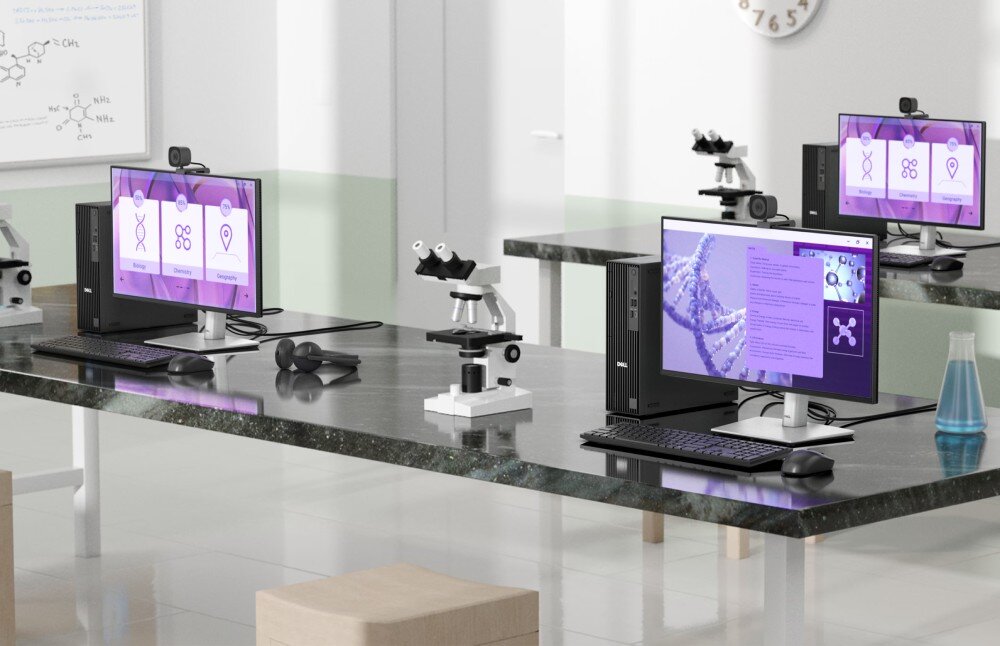 Komputer DELL Pro Slim Plus QBS1250 sala laboratoryjna z kilkoma stanowiskami wyposażonymi w mikroskopy, czarne komputery stacjonarne oraz monitory z grafikami struktur DNA, trwałość, bezpieczeństwo, zdalne zarządzanie