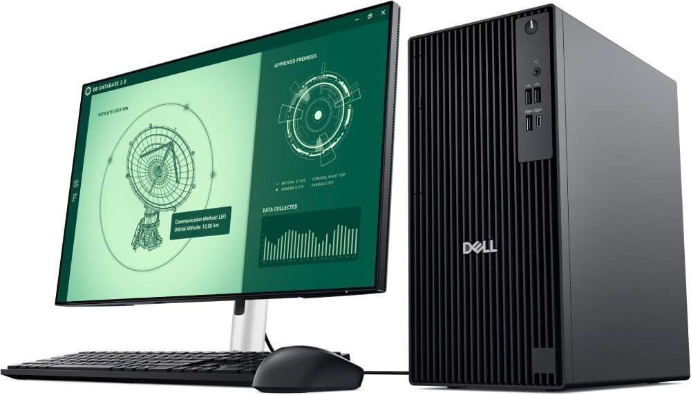Komputer DELL Pro Tower QCT1250 Czarny komputer stacjonarny w obudowie typu tower obok monitora wyświetlającego schematy techniczne anteny satelitarnej i wykresy danych na zielonym tle. Przed zestawem leży czarna klawiatura i mysz, cechy, przeznaczenie, zalety