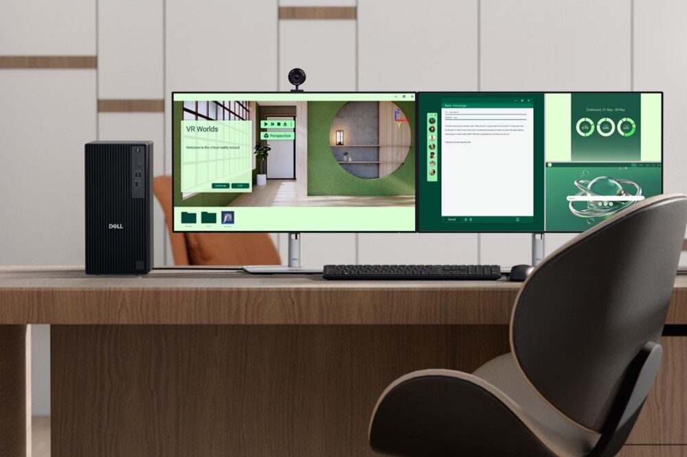 Komputer DELL Pro Tower QCT1250 Stanowisko pracy z dwoma monitorami na drewnianym biurku obok czarnej obudowy komputera. Na ekranach wyświetlane są projekty wnętrz wirtualnej rzeczywistości oraz okno nowej wiadomości e-mail, procesor, taktowanie, dysk, pamięć RAM