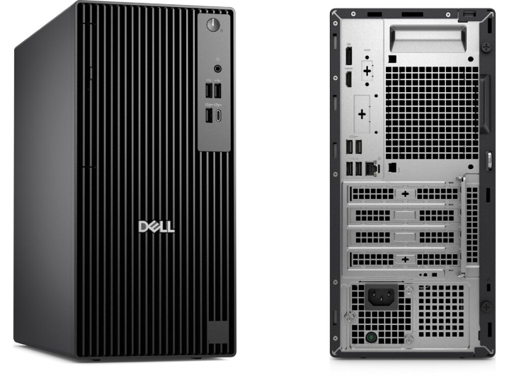 Komputer DELL Pro Tower QCT1250 Zestawienie dwóch ujęć czarnej obudowy komputera stacjonarnego pokazujące przód z pionowymi liniami i portami oraz tył z licznymi gniazdami wejścia i wyjścia, wentylatorem i zasilaczem, porty, nagrywarka