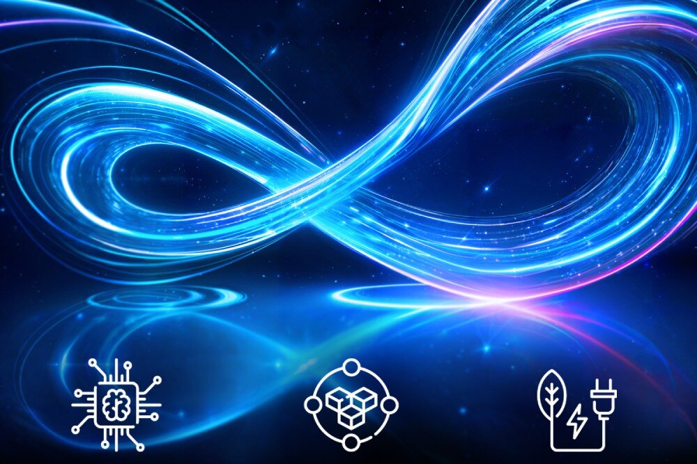 Płyta główna GIGABYTE X870E Aorus Elite WiFi7 Grafika z symbolem nieskończoności na tle świetlnych smug i ikonami chipu, sieci i oszczędności energii, funkcje, AI BOOST, sztuczna inteligencja