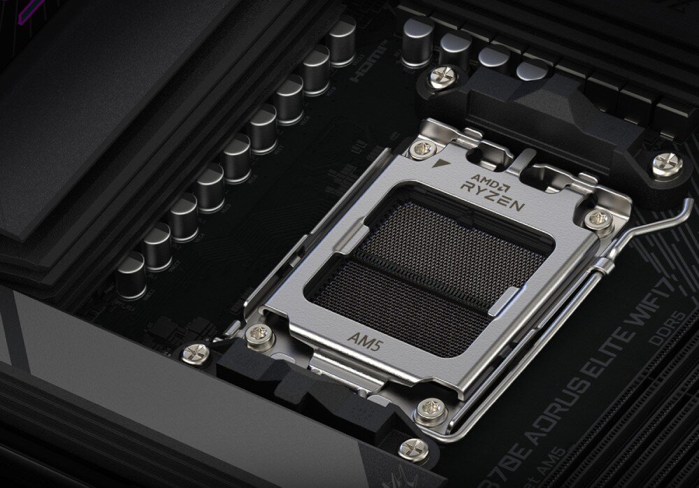 Płyta główna GIGABYTE X870E Aorus Elite WiFi7 Gniazdo AM5 na płycie głównej z zaznaczonym miejscem na procesor AMD Ryzen, układ zasilania, moc, energia, napięcie