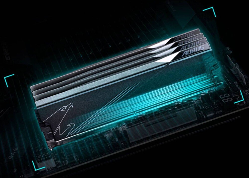 Płyta główna GIGABYTE X870E Aorus Elite WiFi7 Moduły pamięci RAM AORUS zamontowane w płycie głównej z podświetleniem w kolorze niebieskim, pamięć DDR5, taktowanie, wydajność