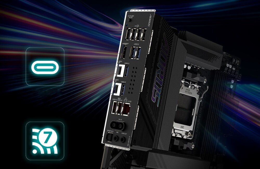 Płyta główna GIGABYTE X870E Aorus Elite WiFi7 Panel tylny płyty głównej z portami USB, HDMI, LAN oraz ikonami USB typu C i Wi-Fi 7, porty USB 4, przepustowość, łączność Wi-Fi 7, Bluetooth 5.4