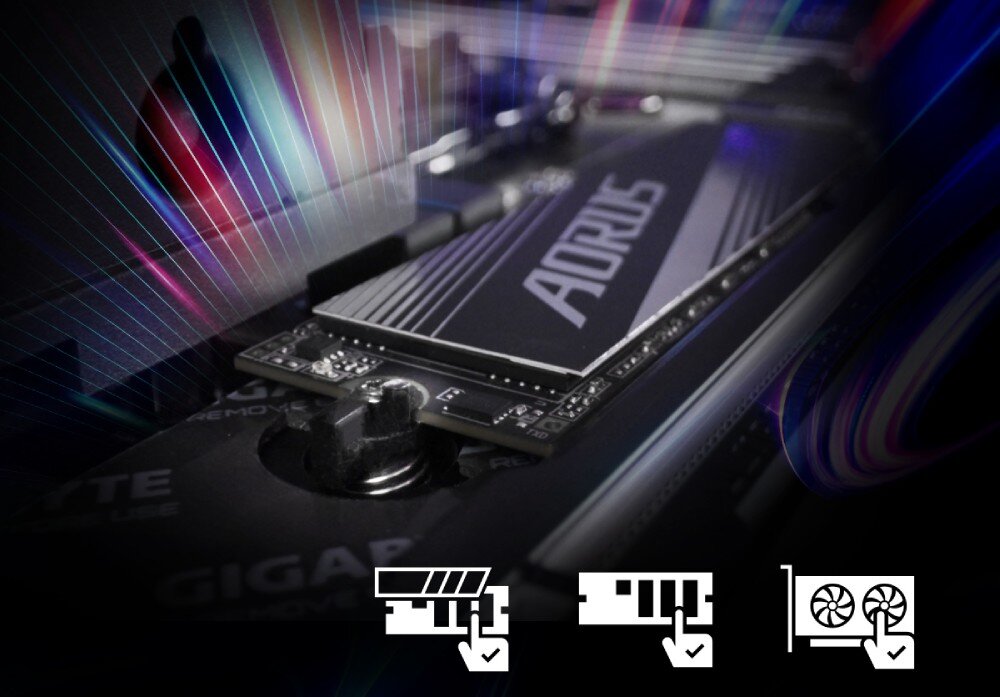 Płyta główna GIGABYTE X870E Aorus Elite WiFi7 Zbliżenie na dysk M.2 AORUS zamontowany w slocie z ikonami ułatwionej instalacji, montaż, ułatwienia, rozwiązania, antena