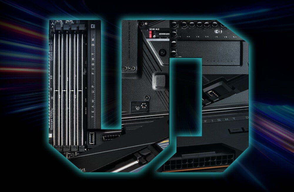 Płyta główna GIGABYTE X870E Aorus Elite WiFi7 Grafika z literami 'UD' wypełniona fragmentami płyty głównej i slotami pamięci, wzmocnienie, konstrukcja, wytrzymałość