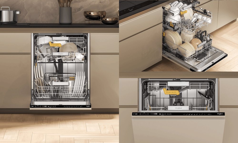 ZMYWARKA WHIRLPOOL W8I HP42 L wizualizacja zmywarka zbliżenie otwarta wnętrze budowa kosze wygląd estetyka elegancki design solidne wykonanie konstrukcja budowa Wykończenie stal nierdzewna